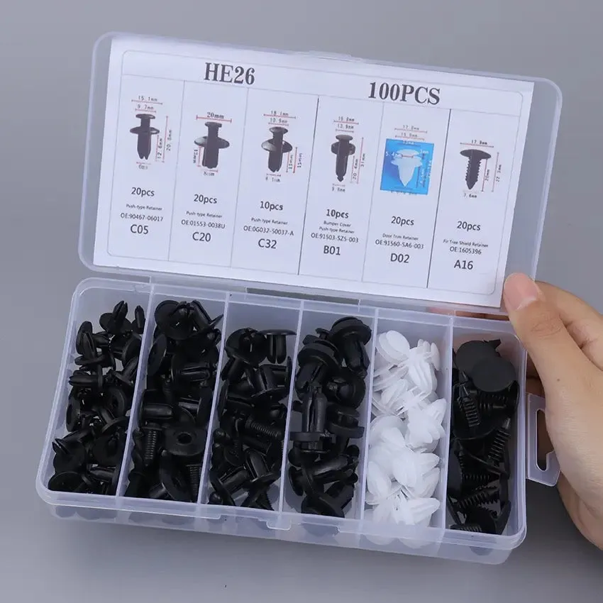 100pcs HE26 Car Bumper Retainer Clips & Nylon Fasteners Rivet Kit