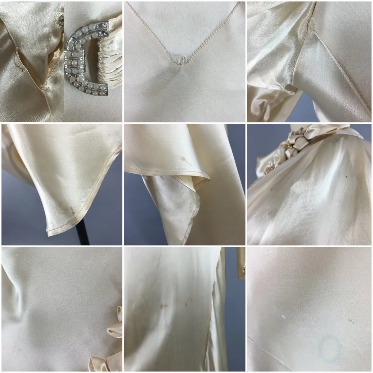 1930s Vintage Bias Cut Ivory Satin Bridal Gown Wedding Dress