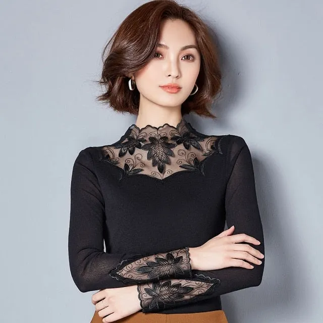 2021 Autumn Style Lace Blouses Shirts Casual Long Sleeve Sizes S - 5XL