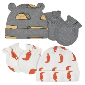 4-Piece Baby Neutral Comfy Stretch Taco Caps & No Scratch Mittens Set