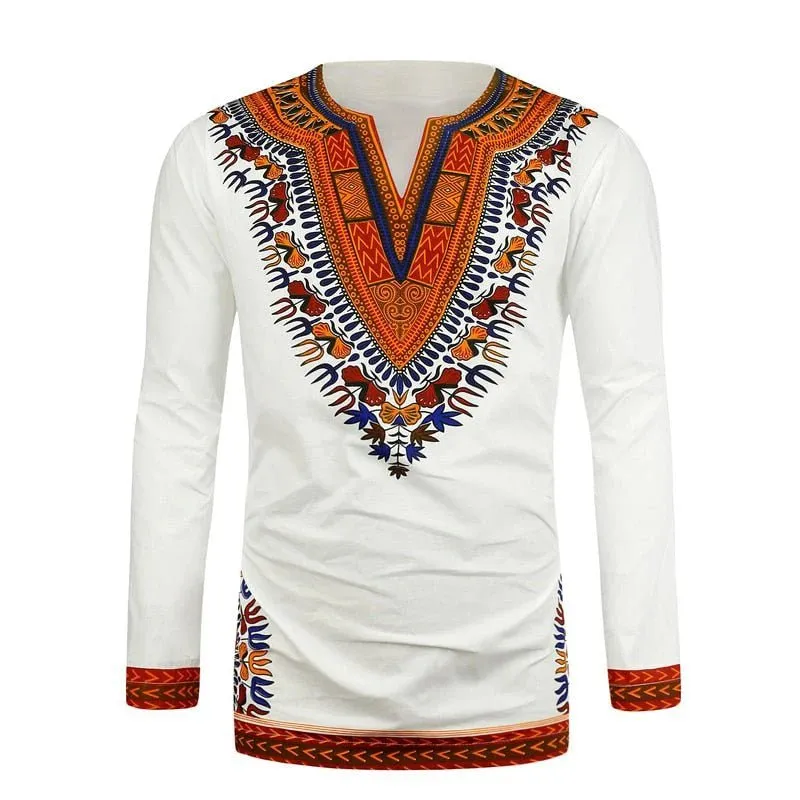 African Print Shirts for Men - White Polished Cotton Tops with Dashiki Design Plus Size Long T-shirts