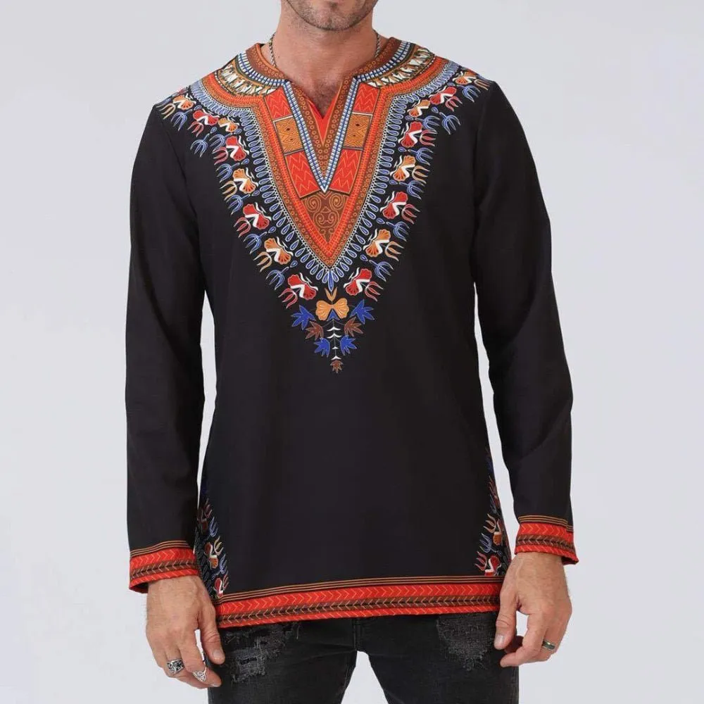 African Print Shirts for Men - White Polished Cotton Tops with Dashiki Design Plus Size Long T-shirts