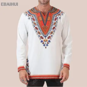 African Print Shirts for Men - White Polished Cotton Tops with Dashiki Design Plus Size Long T-shirts