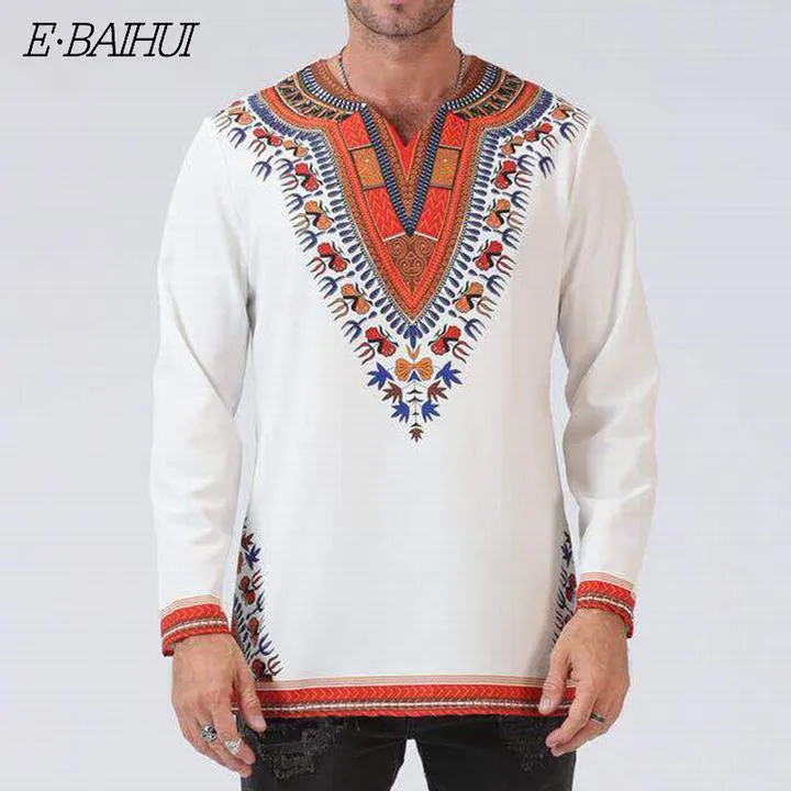 African Print Shirts for Men - White Polished Cotton Tops with Dashiki Design Plus Size Long T-shirts