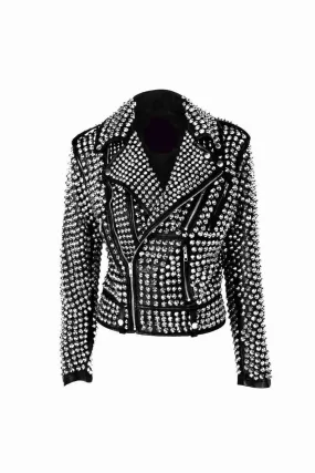 A.L.C Woman Full Silver Studded Punk Cowhide Leather Jacket