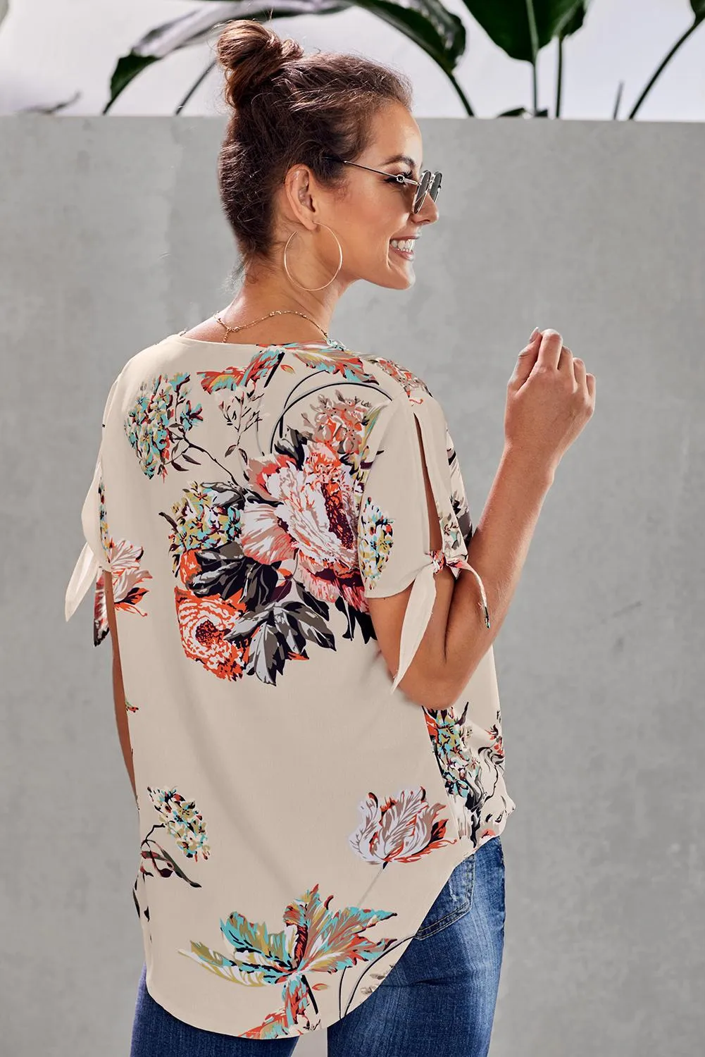 Apricot Floral Twist Short Sleeve Blouse Top