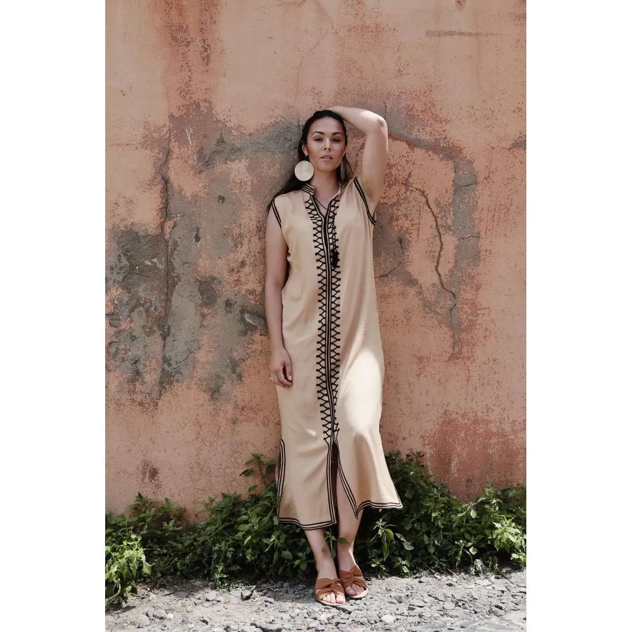 Beige & Black Zigzag Boho Kaftan Caftan Loungewear - Moroccan Kaftan