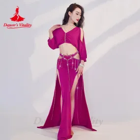 Belly Dance Performance Costume Set Women Half Sleeves Top AB Stones Long Skirt 2pcs for Girl's Oriental Belly Dancing Outfit