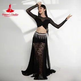 Belly Dance Performance Costume Suit Gauze Long Sleeves Top bra split Long Skirt 3pcs for Women Oriental Belly Dancing Set