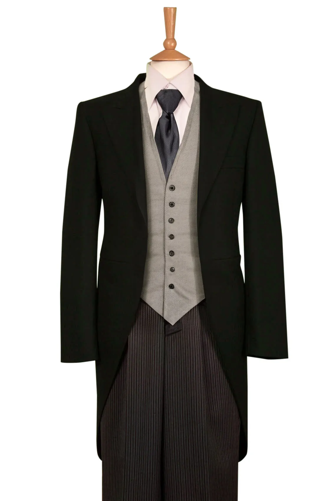 Black 3 Piece Herringbone Tailcoat Suit with Pinstripe Trousers & Grey Waistcoat - Ex Hire