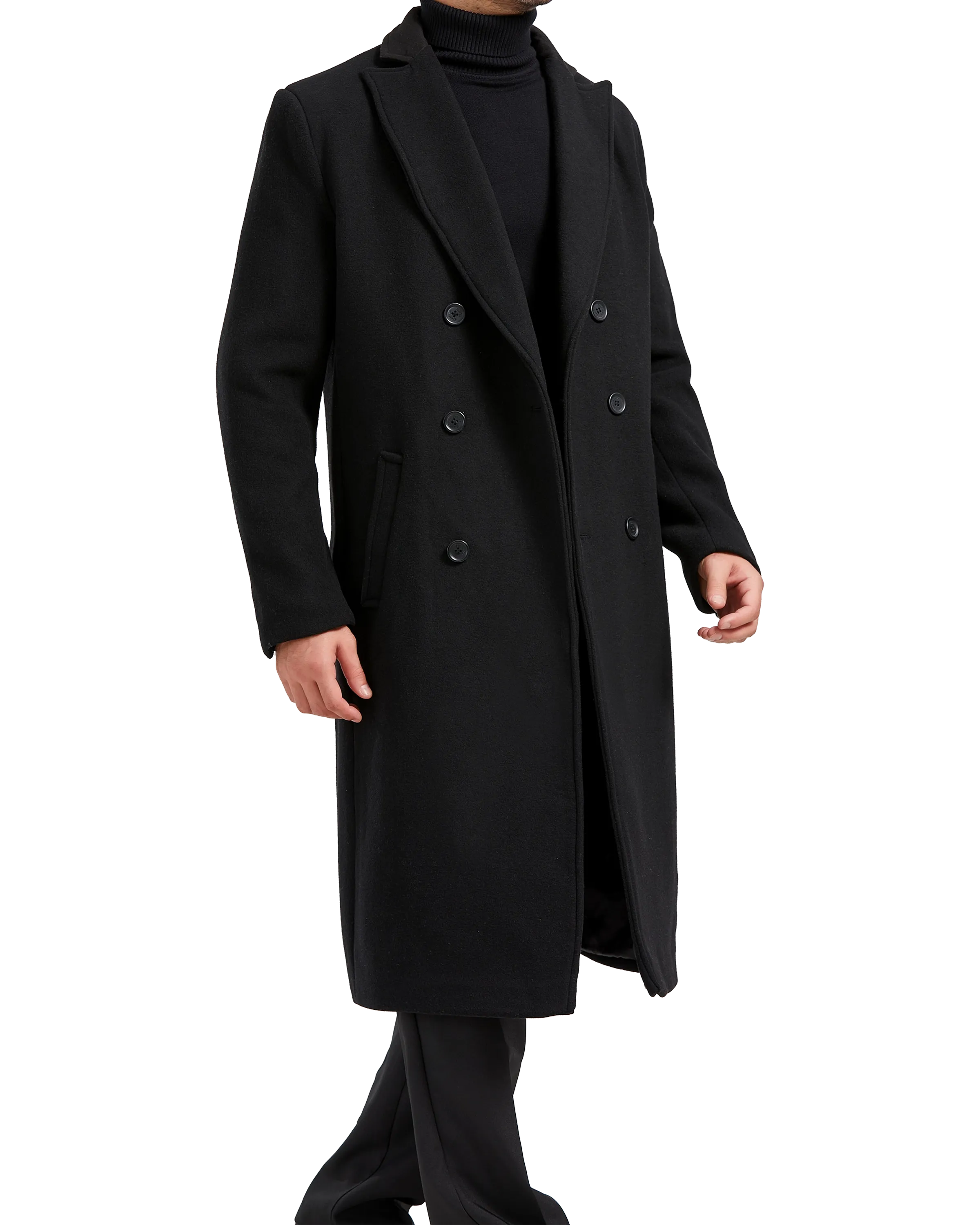 Black Double Breasted Wool Cashmere Long Overcoat