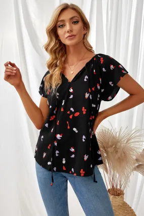 Black Fashion Print V Neck Tees Top