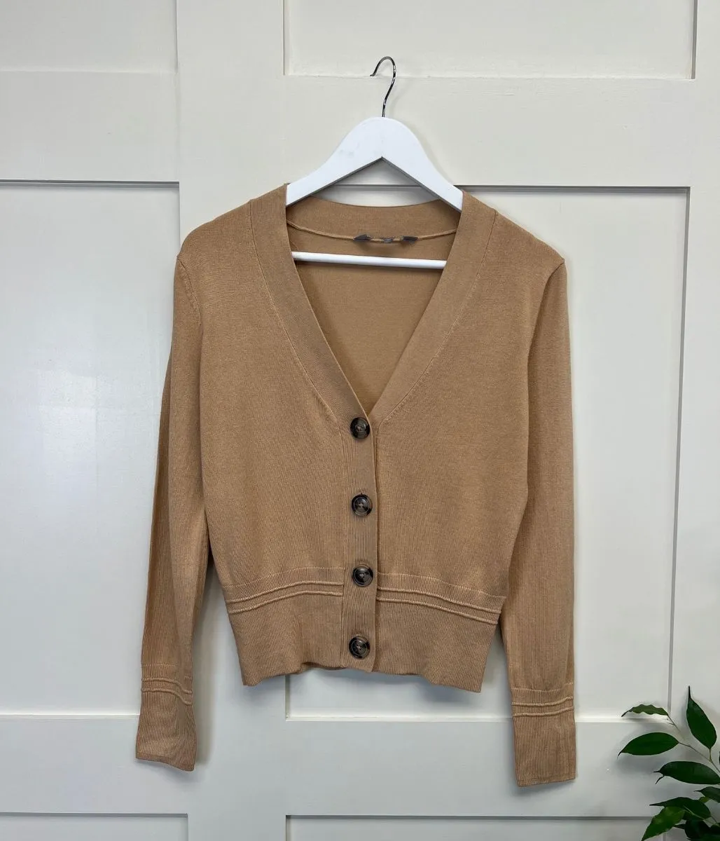 Camel V Neck Button Cardigan