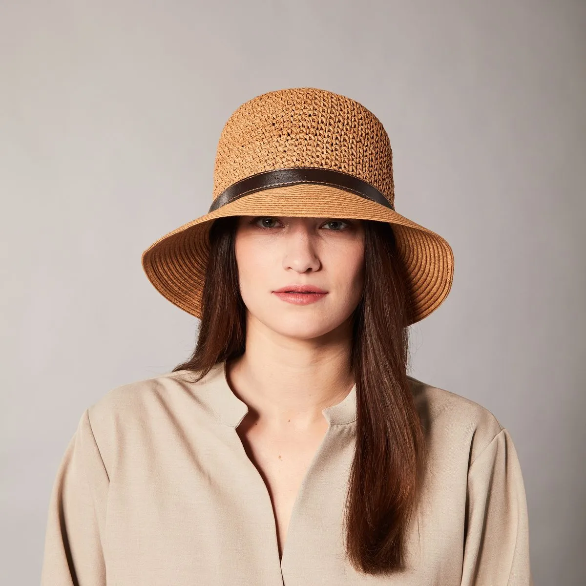 CARLIE LARGE CROCHET CLOCHE HAT WITH LEATHER BAND