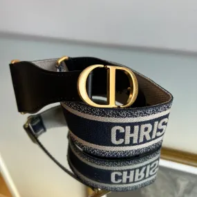 Cinto Christian Dior em Couro Preto e Tecido Marinho e Bege Ferragem Gold