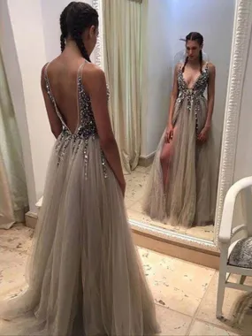 Custom Made A Line Deep V Neck Open Back Lace Grey Prom Dress with Slit, V Neck Backless Formal Dress