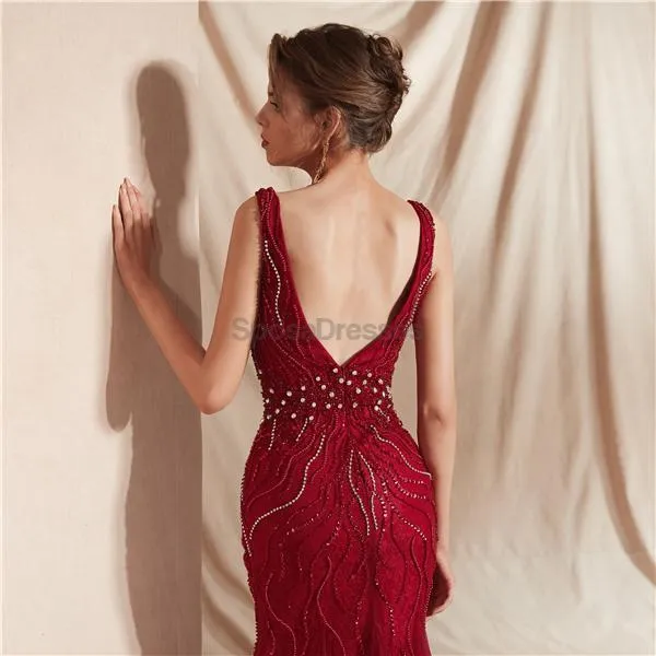 Dark Red V Neck Backless Beaded Mermaid Evening Prom Dresses, Evening Party Prom Dresses, 12065