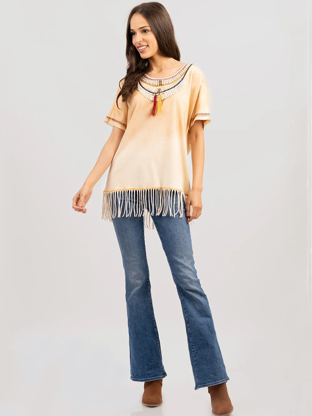 Delila Women’s Fringed Lace collar With Tassel Tee