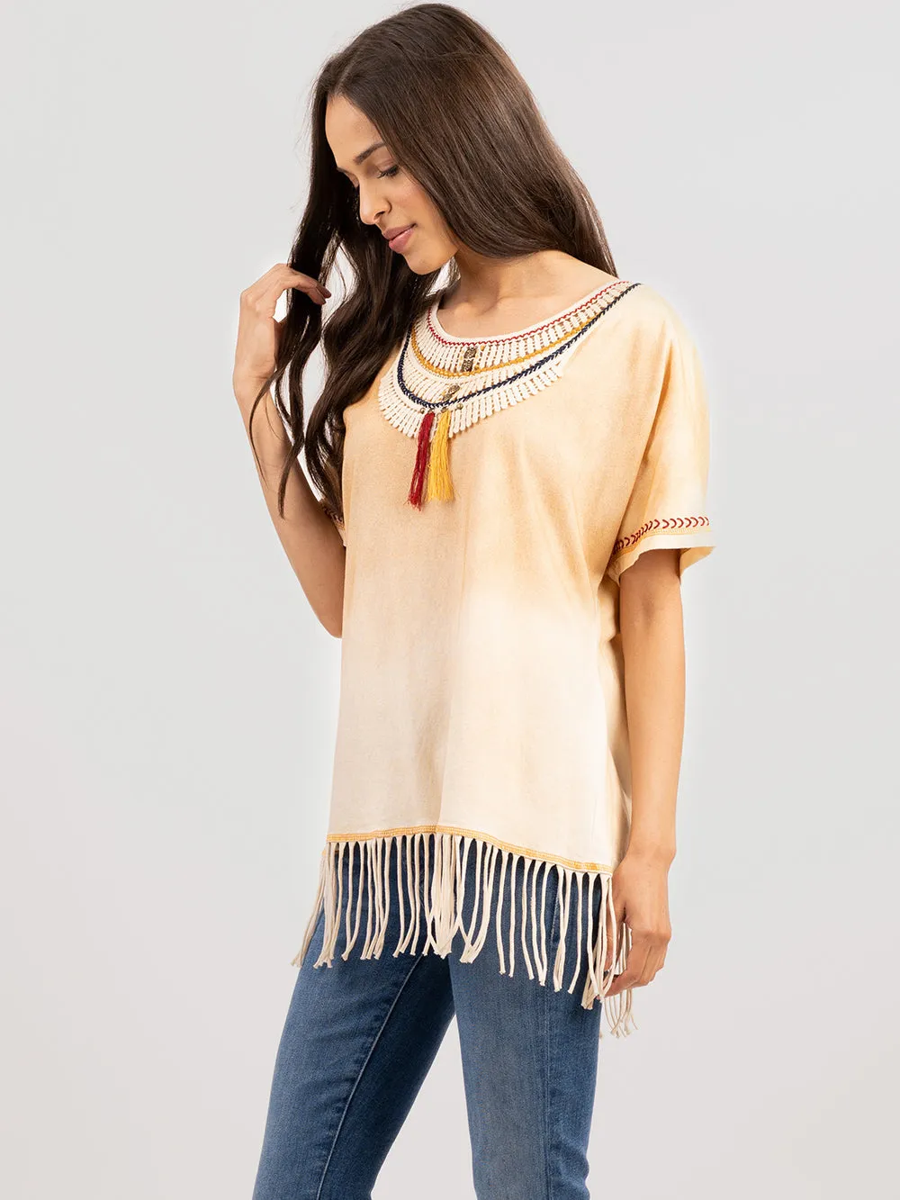 Delila Women’s Fringed Lace collar With Tassel Tee