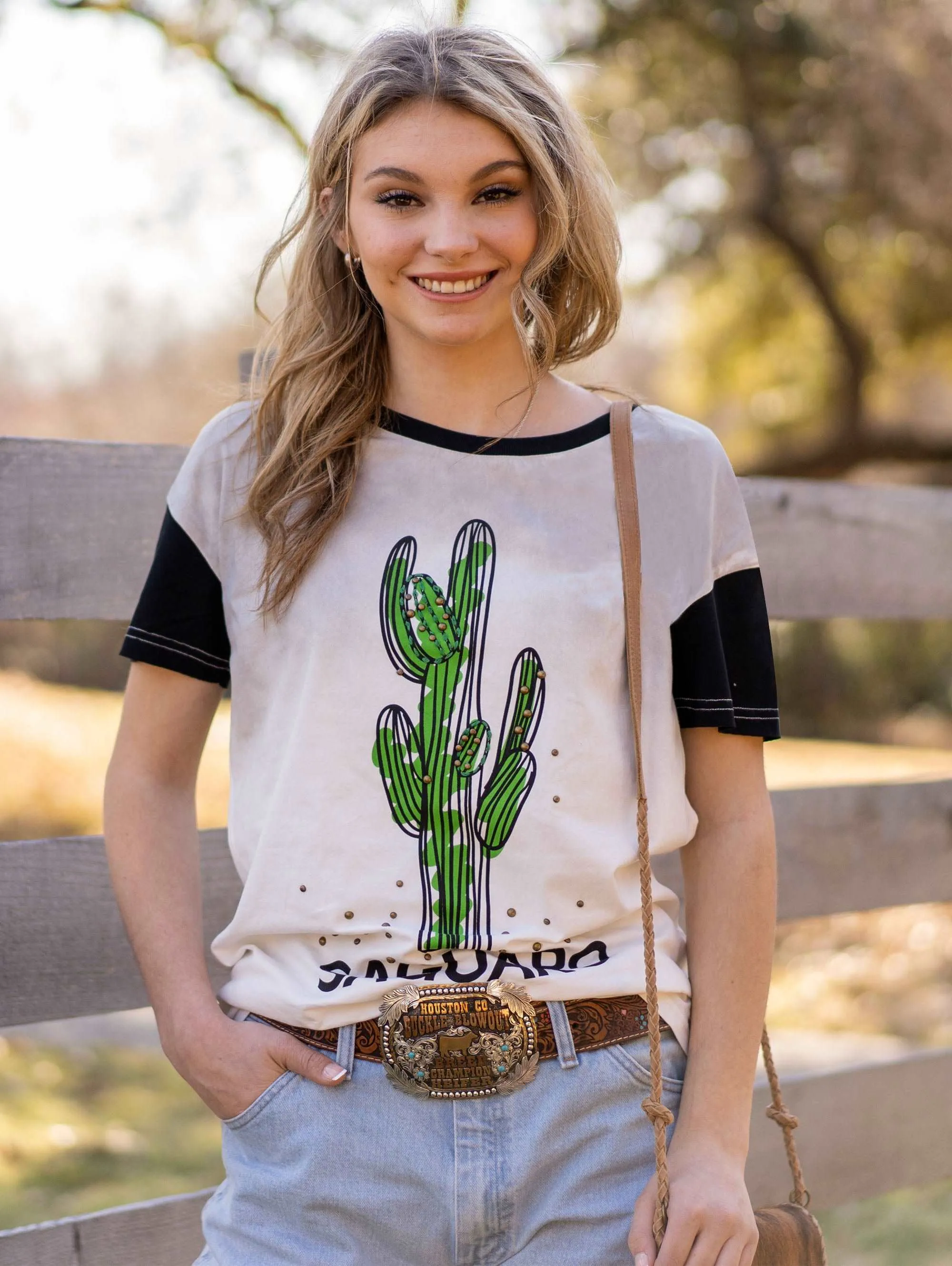 Delila Women's Mineral Wash Saguaro Graphic Short Sleeve Tee