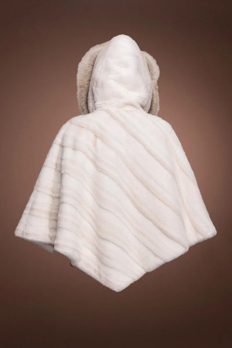 Diagonal Pearl Cross & White Mink Fur Poncho - Fox Trimmed Hood