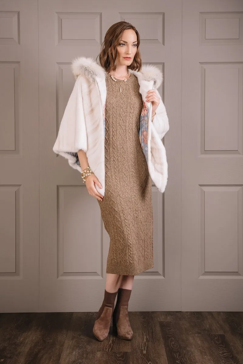 Diagonal Pearl Cross & White Mink Fur Poncho - Fox Trimmed Hood