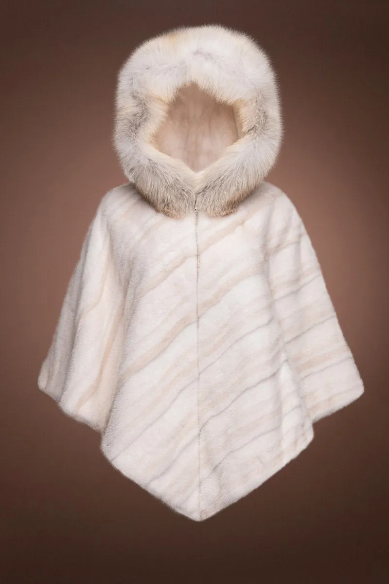 Diagonal Pearl Cross & White Mink Fur Poncho - Fox Trimmed Hood