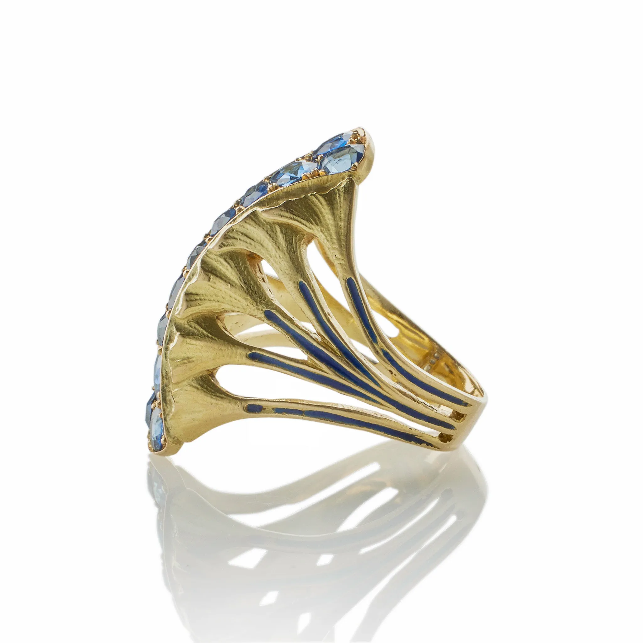 Edouard de Martilly Paris Sapphire and Enamel Lotus Flower Ring