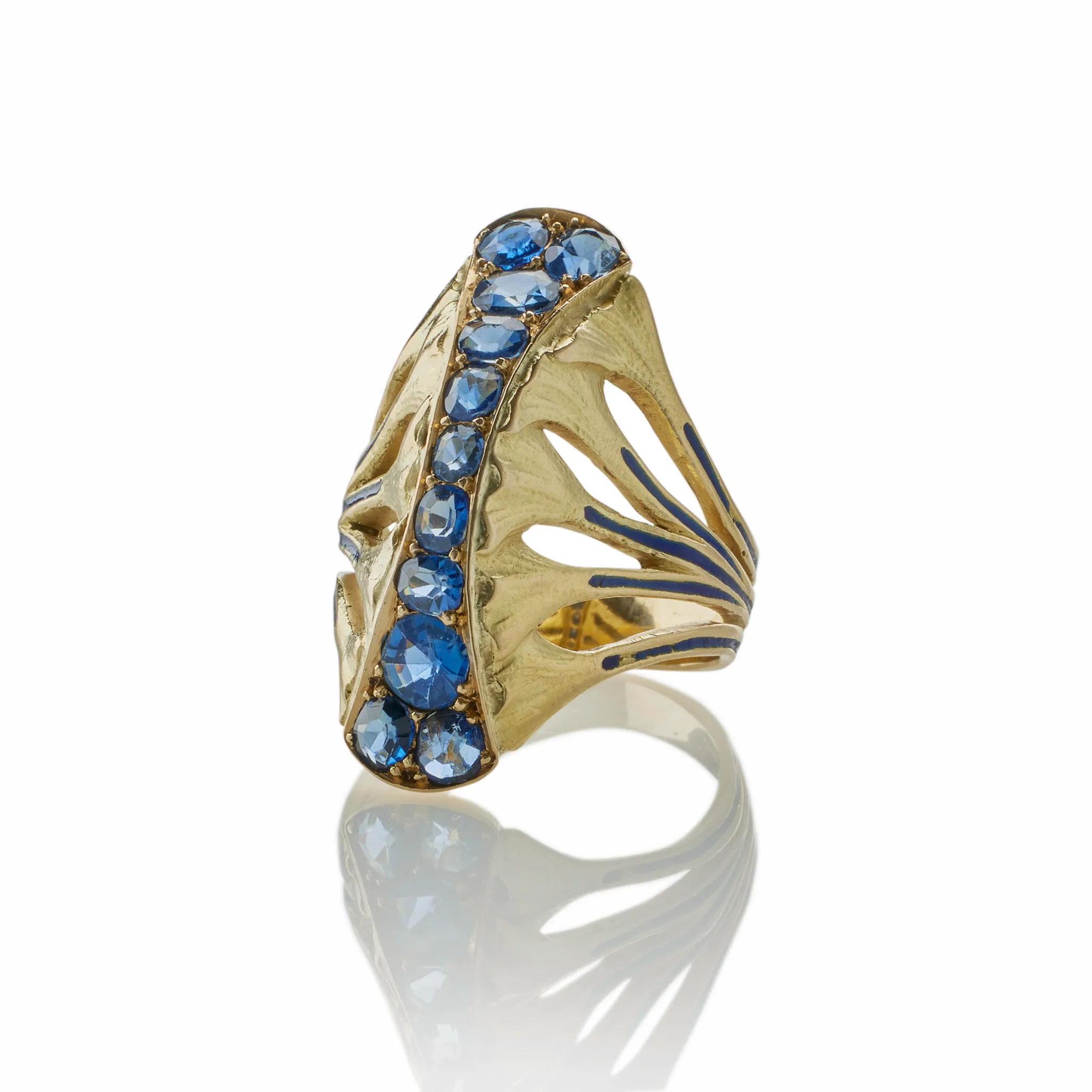 Edouard de Martilly Paris Sapphire and Enamel Lotus Flower Ring