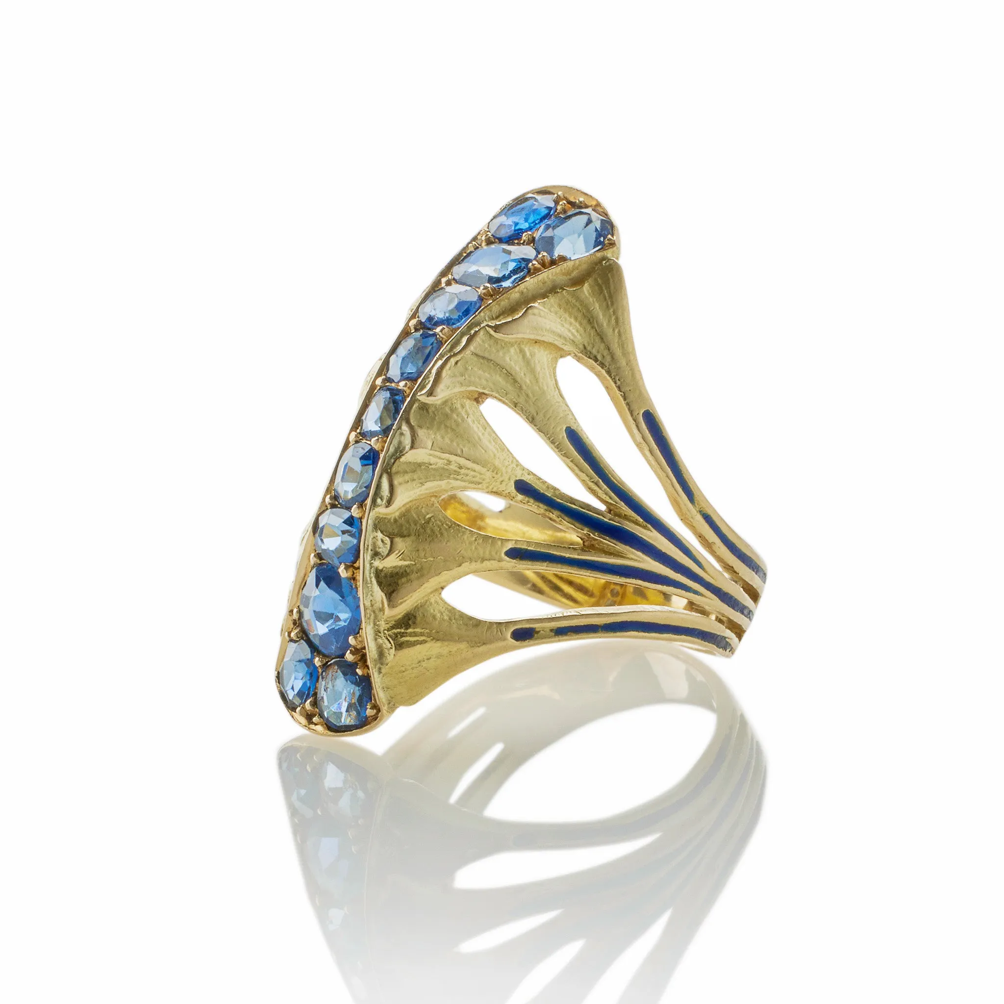 Edouard de Martilly Paris Sapphire and Enamel Lotus Flower Ring