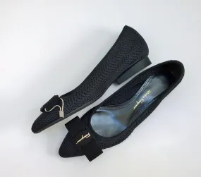 Ferragamo Viva Knit Black Bow Flats Shoes C Width