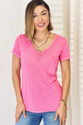 Fuchsia V-Neck Short Sleeve Slit T-Shirt