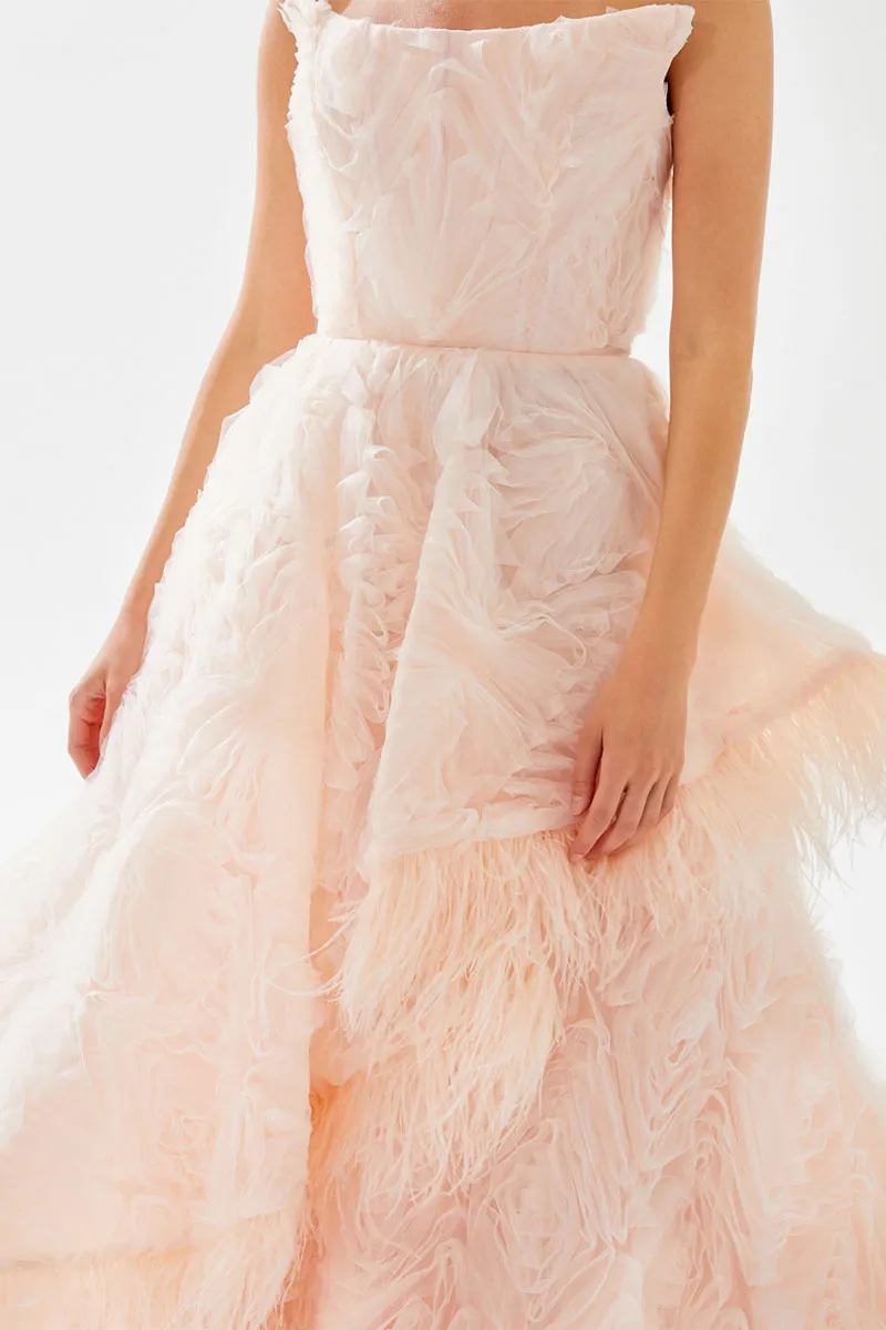 Henri Strapless Feather Trimmed Gown