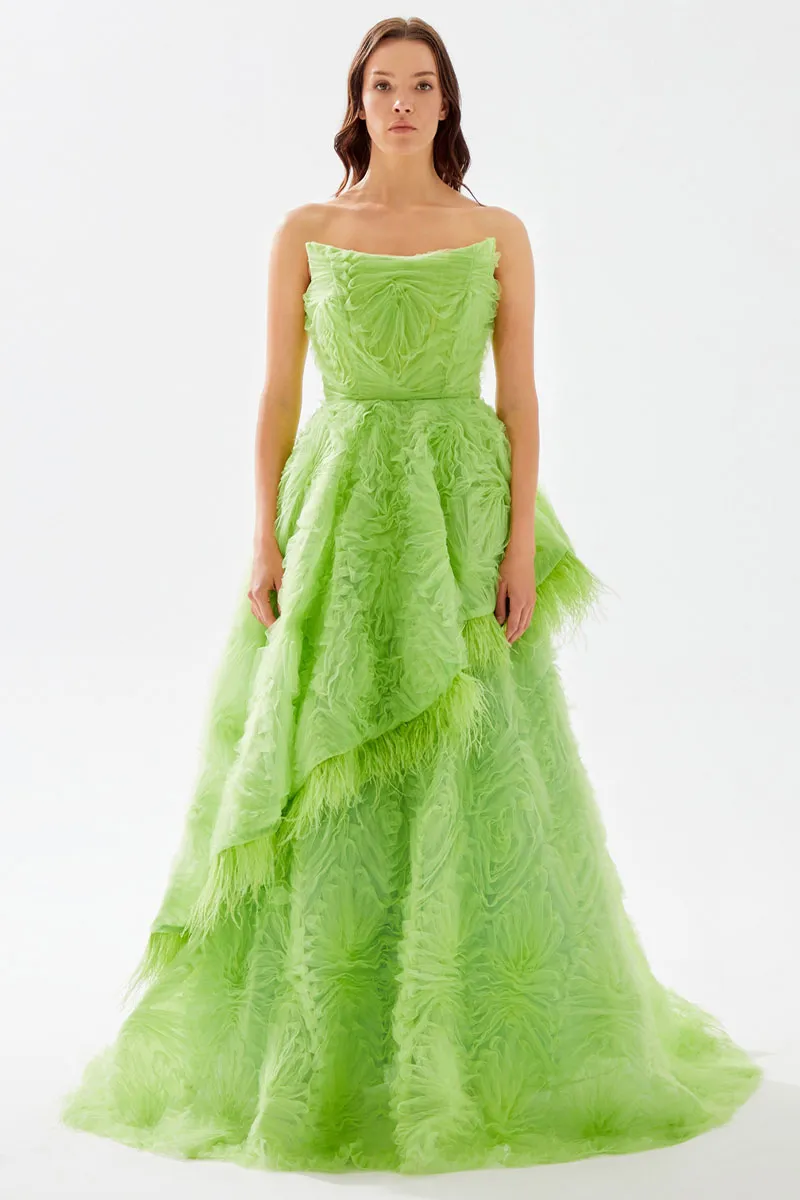 Henri Strapless Feather Trimmed Gown