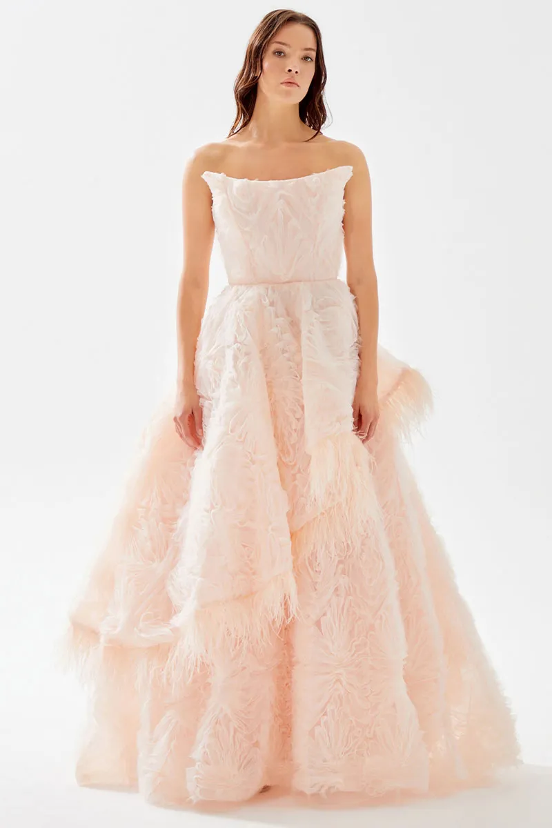 Henri Strapless Feather Trimmed Gown