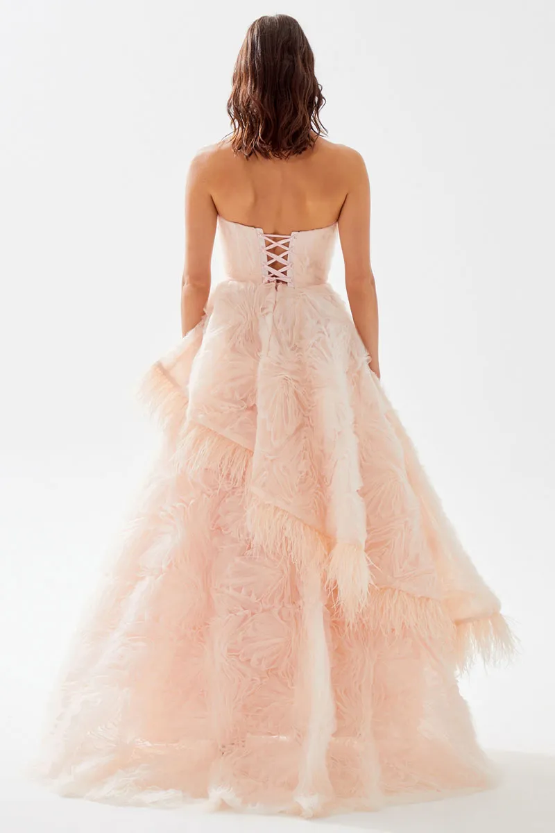 Henri Strapless Feather Trimmed Gown