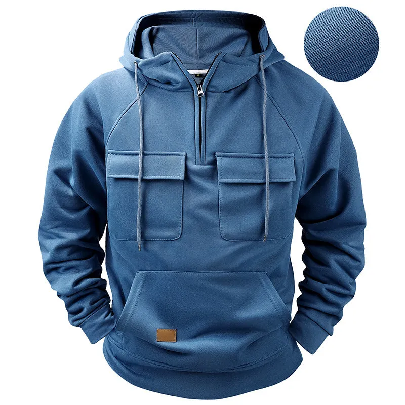 Hooded Solid Hoodie with Multiple Pockets Men Sweatshirts 8 Colors