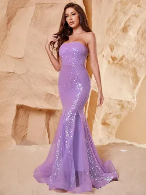 Mesh Insert Mermaid Hem Sequin Formal Prom Dress