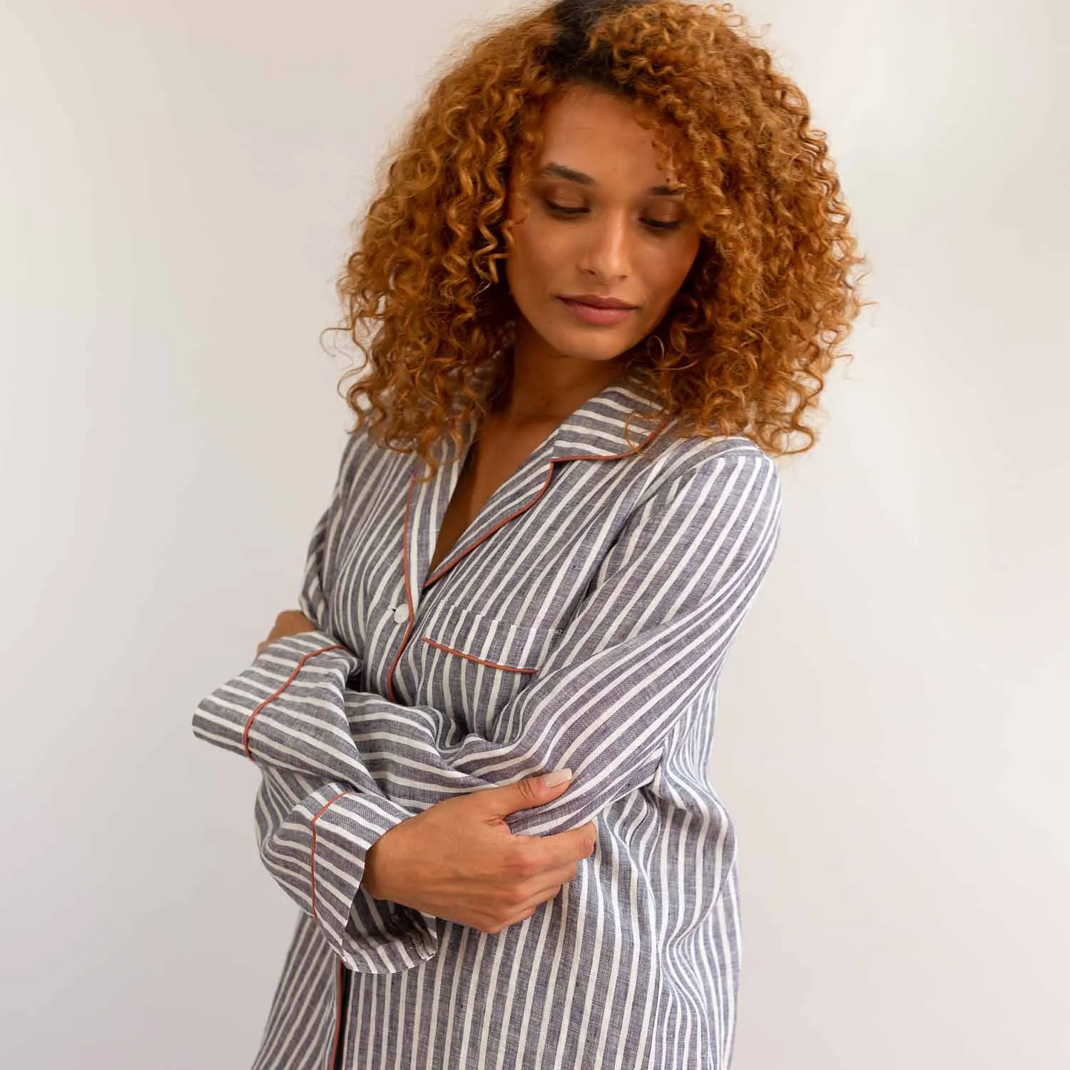 Midnight Stripe Linen Night Shirt