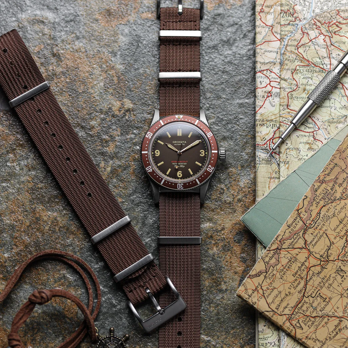 Ocean-Scout Nylon Watch Strap - Brown - Silver Buckle