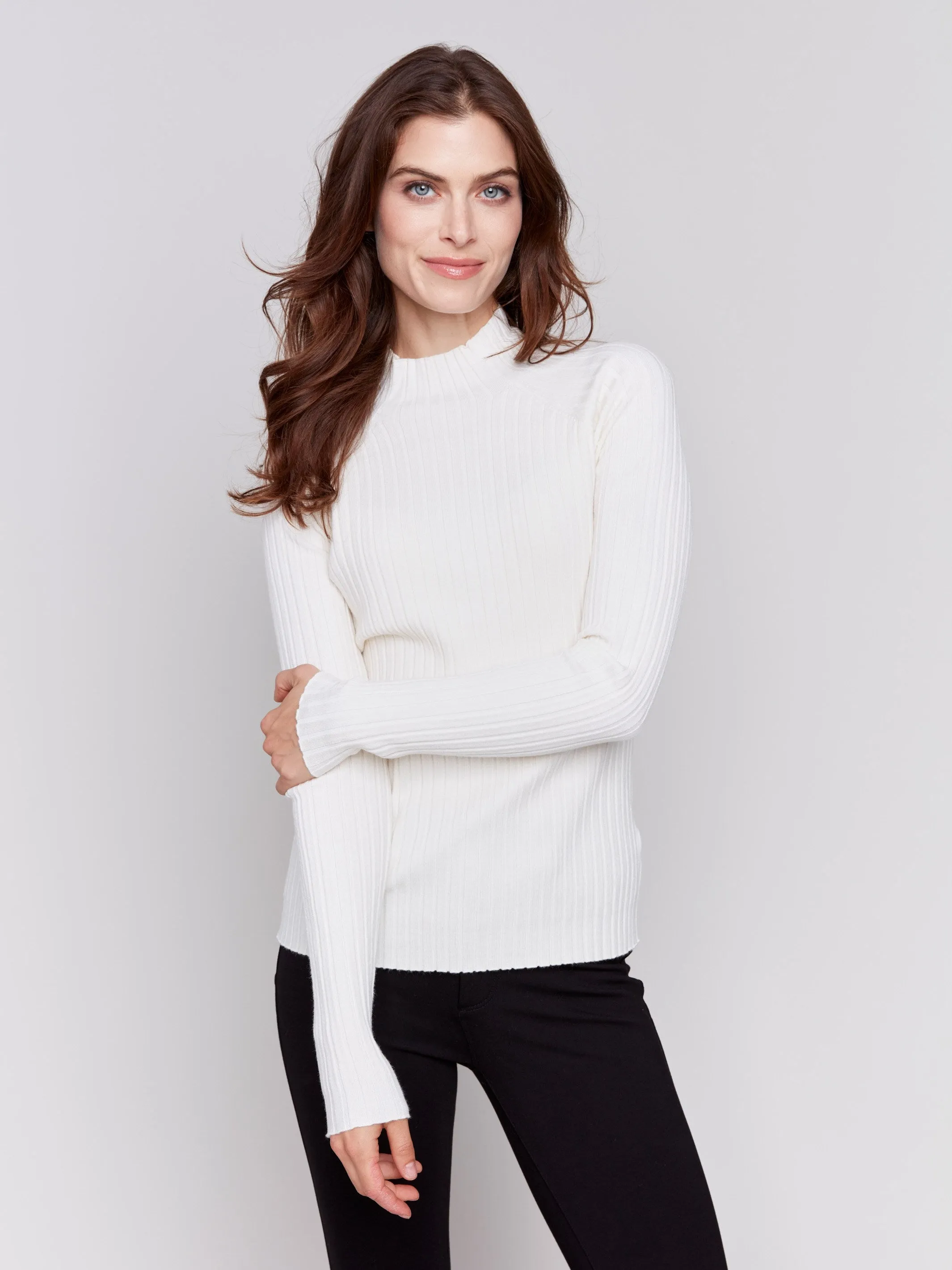 Ribbed Knit Mock Neck Sweater - Ecru