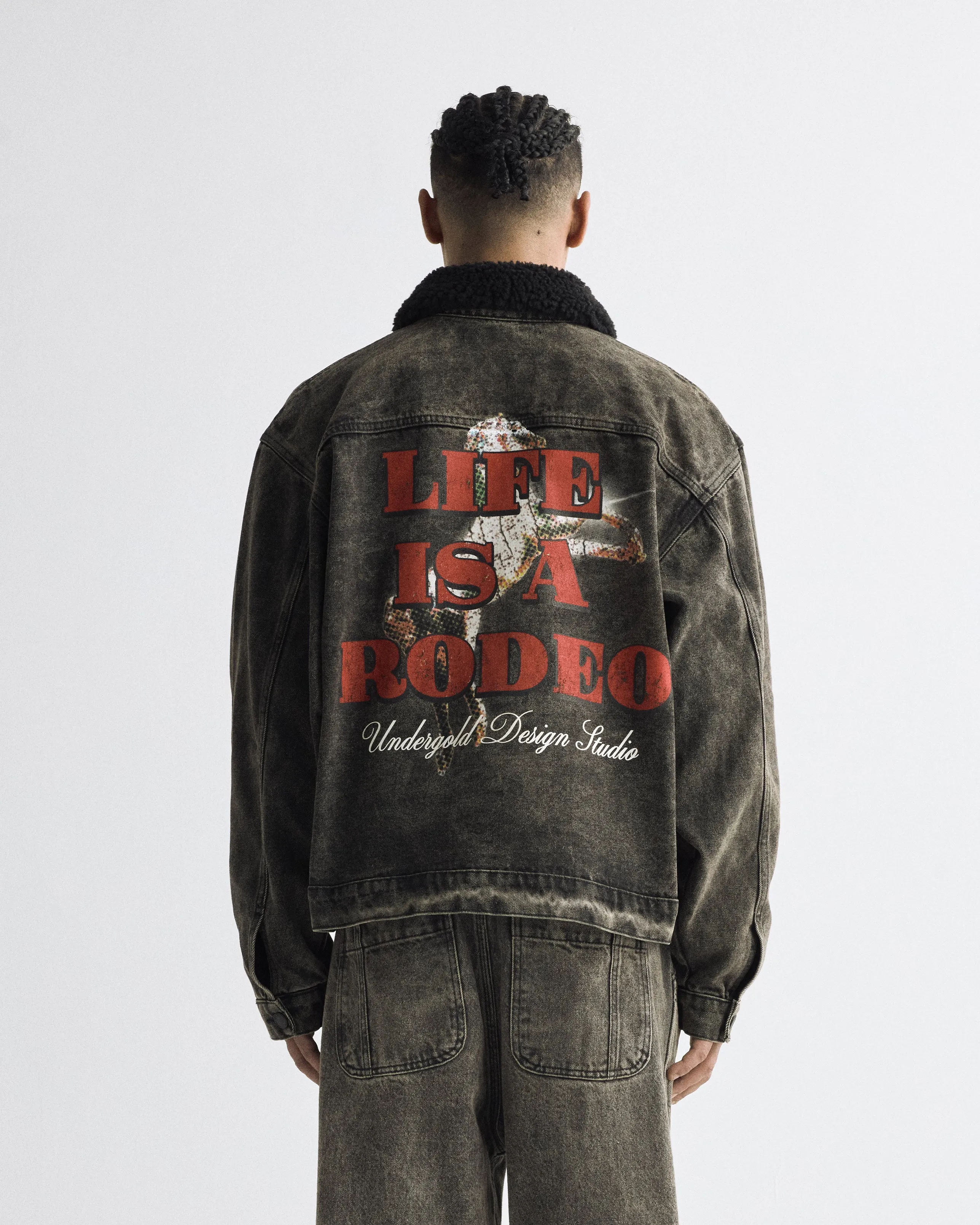 Rodeo "Life is a Rodeo" Sherpa Trucker Jacket Washed Black