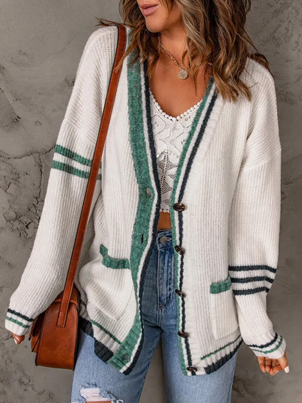 Women's Stripe Edge Cable Knit V-Neck Cardigan With Pockets